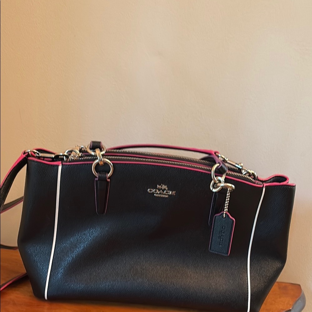 Coach Black Leather Shoulder Bag with Pink Trim and White Piping
